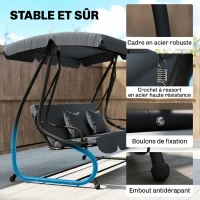 Outsunny Balancelle de jardin 3 places convertible toit inclinaison réglable 2 tablettes 2 x 1,2 x 1,64 m acier gris foncé(m-6)