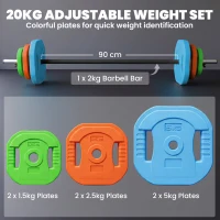 SPORTNOW 20 kg Adjustable Barbell Weights Set, Barbell Bar with Weight Plates, Non-slip Handle, Multicolour(m-4)