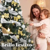 HOMCOM Árbol de Navidad 230 cm con 250 LED 1136 Ramas 8 Modos Bolas Cintas y Lazos Mando a Distancia y Base Plegable Verde(m-5)