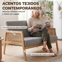 HOMCOM Sofá de 2 Plazas Tapizado en Lino con Detalles Ratán Sintético Estructura de Madera Carga 240 kg 115x77x77 cm Gris(m-4)