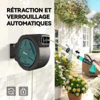 Outsunny Enrouleur Tuyau Arrosage Mural 25 m x Ø 15 mm Dévidoir Automatique de Tuyaux d'Eau Rétractable Automatique vert(m-6)