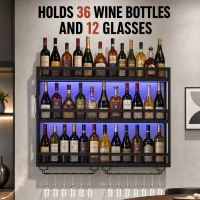 HOMCOM Wall-Mounted Wine Rack with LED Lights, Glass Holders, Open Shelf, Metal Storage Rack, Black(m-4)