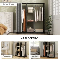 HOMCOM Stand Appendiabiti con 6 Ruote, Appendiabiti da Terra con 3 Ripiani e 2 Aste per Vestiti, Guardaroba Porta Abiti in Legno Tessuto di Lino e Alluminio, per Camera da Letto Soggiorno Corridoio Ingresso, Tenda Grigia e Nero(m-5)
