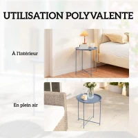 Outsunny Table Basse Ronde Table d'Appoint Plateau Amovible avec Bord Relevé Pieds Pliables en Métal Ø46x53cm Bleu Gris(m-7)