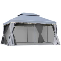 Outsunny Tonnelle de jardin extérieur 3,9 x 2,9 m, barnum avec toit double, rideaux et moustiquaire, tente de réception en aluminium, tonnelle pour terrasse patio mariage baptême, gris(m-8)