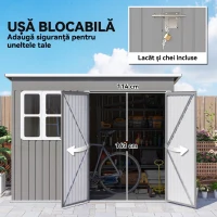 Outsunny Căsuță de grădină 4,13 m² din oțel galvanizat cu kit de fundație, acoperiș înclinat, ușă dublă cu încuietoare, orificii de aerisire, fereastră, gri(m-7)