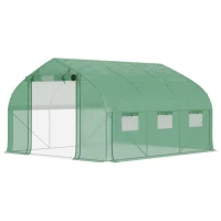 Outsunny Serre de jardin tunnel 10,4 m² serre de jardin anti-UV porte zippée enroulable fenêtres maille 350 x 300 x 200 cm vert(m-12)