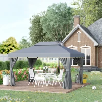 Outsunny Tonnelle de jardin extérieur 3,9 x 2,9 m, barnum avec toit double, rideaux et moustiquaire, tente de réception en aluminium, tonnelle pour terrasse patio mariage baptême, gris(m-10)