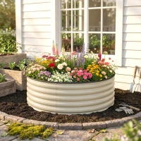 Outsunny Galvanised Raised Garden Bed with Safety Edging, Outdoor Raised Planter Box with Gloves, 120 x 120 x 43cm, Cream White(m-9)