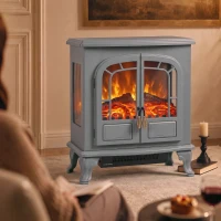 HOMCOM Freestanding Electric Fireplace Stove Heater with LED Fire Flame Effect Grey(m-9)