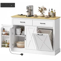 HOMCOM Tilt Out Trash Cabinet with Charging Station, Kitchen Island with Storage, 57 Liter Hidden Rubbish Bin Storage, White(m-15)