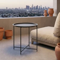 Outsunny Petite table basse ronde table d'appoint plateau amovible avec bord relevé pieds pliables en acier Ø 46 x 53 cm noir(m-10)