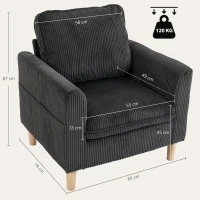 HOMCOM Sillón de salón en terciopelo acanalado, sofá 1 plaza acolchado, asiento amplio, cojín con muelles, 83x74x87cm, Gris oscuro(m-3)