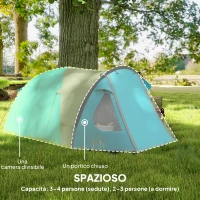 Outsunny Tenda da Campeggio 3 Persone con Camera e Veranda, 3000mm e Borsa di Trasporto, Azzurro(m-4)