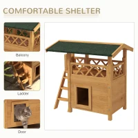 PawHut Cat House Outdoor w/ Balcony Stairs Roof, 77 x 50 x 73 cm, Natural Wood Finish(m-4)
