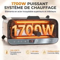 HOMCOM Mini-Four Électrique 3-en-1 1700 W, Grille-Pain à Fente Longue, Gril de Table 4,9L, Écran LED, Minuterie 60 min, Argenté(m-6)