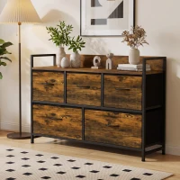 HOMCOM Cajonera de Tela con 5 Cajones y Marco Metálico Estilo Industrial para Salón Recibidor 98x29x63 cm Marrón Rústico(m-10)