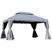 Outsunny Tonnelle de jardin extérieur 3,9 x 2,9 m, barnum avec toit double, rideaux et moustiquaire, tente de réception en aluminium, tonnelle pour terrasse patio mariage baptême, gris(m-12)