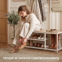 HOMCOM Móvel Cabide de Entrada 4 em 1 com Banco Sapateira Espelho 8 Ganchos e Estrutura Metálica Estilo Moderno 98x36x185 cm Madeira(m-6)