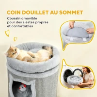PawHut Tonneau à gratter, tour à griffer en sisal et bord en peluche, 3 niveaux avec plate-forme, stable, Ø 38 x 96 cm gris(m-6)