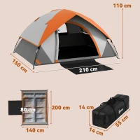 Outsunny Tenda da Campeggio 2 Posti con Finestra a Rete e Gancio, in Poliestere, 210x150x110 cm, Grigio e Arancione(m-3)