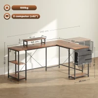 HOMCOM 168cm Reversible L Shaped Desk, Industrial Corner Computer Desk with Adjustable Shelf and Storage Bag, 240cm 2 Person PC Table with Monitor Stand, Rustic Brown(m-3)