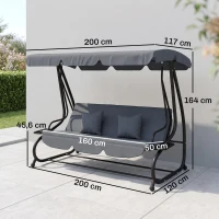 Outsunny Balancelle de jardin 3 places convertible toit inclinaison réglable 2 tablettes 2 x 1,2 x 1,64 m acier gris foncé(m-3)