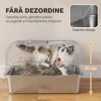 PawHut Litieră Închisă XL pentru Pisici din Oțel Inoxidabil cu Capac, Treaptă Colectoare pentru Nisip, Lopățică, Gri Deschis(m-7)