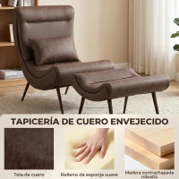 HOMCOM Sillón con Reposapiés Asiento Ancho Cojín Lumbar y Respaldo Curvo Tapizado en Leathaire Patas de Acero Marrón Oscuro(m-14)