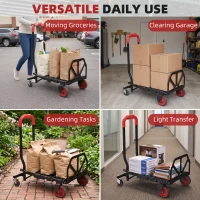 HOMCOM Diable et Chariot de Transport à Roulettes Pliable 2-en-1, Charge Max 120 kg, Base Rabattable, Acier, 83x44x78cm, Rouge(m-9)