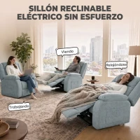 HOMCOM Sillón Relax Reclinable Eléctrico de Lino con Asiento con Muelles Reposapiés Mando USB y 2 Bolsillos Laterales Verde(m-4)
