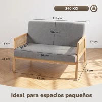 HOMCOM Sofá de 2 Plazas Tapizado en Lino con Detalles Ratán Sintético Estructura de Madera Carga 240 kg 115x77x77 cm Gris(m-3)
