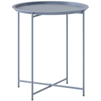 Outsunny Table Basse Ronde Table d'Appoint Plateau Amovible avec Bord Relevé Pieds Pliables en Métal Ø46x53cm Bleu Gris(m-1)