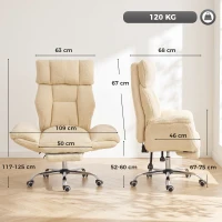 HOMCOM Chaise Bureau Ergonomique avec Accoudoirs Rabattables 5 Niveaux, Fauteuil de Bureau Inclinable en Tissu Teddy, Crème(m-3)