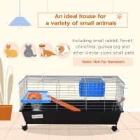 PawHut Small Animal Cage Rabbit Guinea Pigs Chinchillas Cage w/ Wheels Water Bottle Food Dish Platform Ramp 89 x 44 x 43 cm Black(m-4)