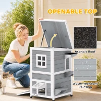 PawHut Wooden Cat House 2-Floor Outdoor Kitten Shelter with 3 Doors and Window Grey(m-4)