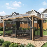 Outsunny Tonnelle de Jardin Pavillon Extérieur Aspect Bois Toit Rigide en Polycarbonate UV50+ Imperméable 398x298x262cm Naturel(m-10)
