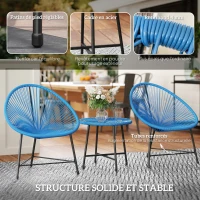 Outsunny Salon de jardin extérieur en résine tressée 2 personnes, plateau en verre trempé, pour balcon terrasse patio, bleu(m-7)
