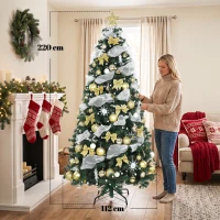 HOMCOM Weihnachtsbaum 230 cm mit 250 LEDs, 1136 Zweige, 8 Modi, Kugeln, Bänder und Schleifen, Fernbedienung und klappbarer Basis, Grün(m-3)