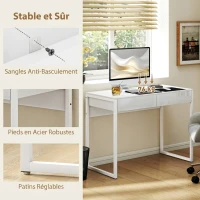 HOMCOM Bureau avec 2 tiroirs, table d'ordinateur 100 x 50 cm, bureau moderne pied en acier, pour petits espaces, blanc brillant(m-6)