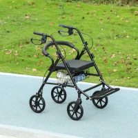 HOMCOM Cadru de mers pliabil pentru vârstnici cu șezut și 4 roți mâner ergonomic reglabil pe înălțime frâne cu levier coș negru(m-4)