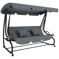 Outsunny Balancelle de jardin 3 places convertible toit inclinaison réglable 2 tablettes 2 x 1,2 x 1,64 m acier gris foncé(m-15)