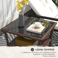 Outsunny Table d'appoint en résine tressée 2 niveaux 50x50x45cm, table basse de jardin carrée plateau en verre trempé, marron(m-6)