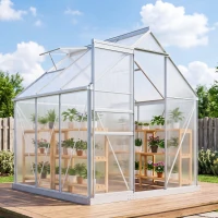 Outsunny Serre de jardin 3,6 m² en aluminium polycarbonate avec fondation, 190 x 190 x 200 cm, serre avec fenêtre réglable porte coulissante, abri extérieur résistant aux intempéries, argent(m-2)