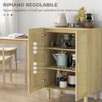 HOMCOM Credenza Cucina Boho, Mobile Cucina con Ante in Rattan, Ripiani Regolabili, per Sala da Pranzo Ingresso Salotto, 73x41x102 cm, Legno Naturale(m-5)