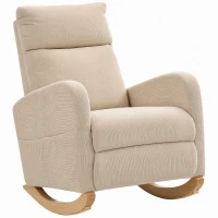 HOMCOM Cadeira de Baloiço de Veludo com Encosto Alto Pés de Madeira Bolsos Apoios de Braços Estilo Moderno  67x94x105 cm Bege(m-1)