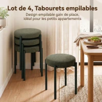 HOMCOM Lot de 4 Tabourets Empilables Ronds avec Assise Rembourrée, sans Dossier, Gain de Place, 45 x 45 x 47,5 cm, Vert Foncé(m-6)
