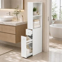 HOMCOM Dulap Baie Slim cu Organizator Glisant pe Roți, Sertar și Raft Reglabil, MDF, 18 x 40 x 135 Cm, Alb(m-2)