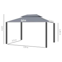 Outsunny Tonnelle de jardin extérieur 3,9 x 2,9 m, barnum avec toit double, rideaux et moustiquaire, tente de réception en aluminium, tonnelle pour terrasse patio mariage baptême, gris(m-3)
