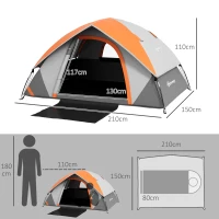 Outsunny Cort de Camping pentru 2 Persoane cu Fereastră cu Plasă și Cârlig, din Poliester, 210x150x110 cm, Gri și Portocaliu(m-3)